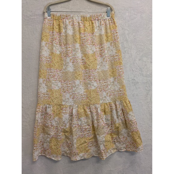 Dresses & Skirts - Floral Maxi Skirt Pastel Yellow White Elastic Waist Flowy‎ Lined Summer Spring L